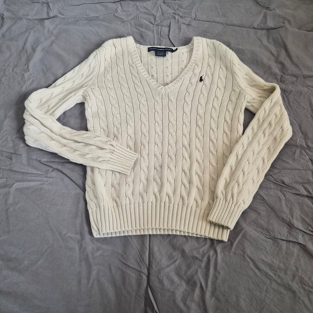 VTG Ralph Lauren Sport Cable Knit Sweater Womens Medium Cream V Neck Pony Preppy